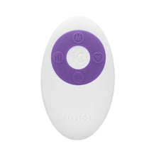 White plastic remote control with 4 silicone power buttons in a purple circle