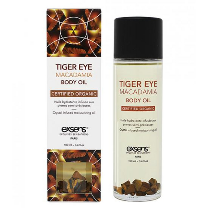 Exsens Of Paris Organic Massage Oil Tiger Eye Macadamia with Crystals