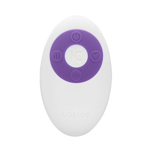 White plastic remote control with 4 silicone power buttons in a purple circle