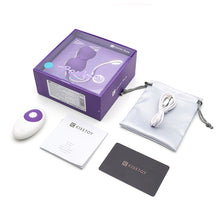 Kitty Kegel Ball Vibrator has a cat shape in the color purple sitting in a purple product box with a charging cable, remote control, white satin pouch and instruction manuarl