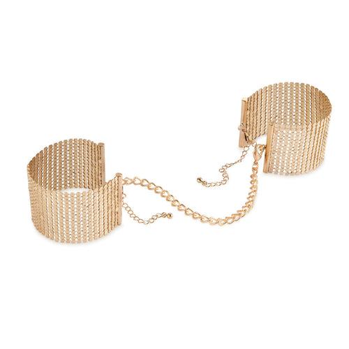 Gold metal mesh cuffs with gold chain link