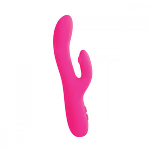 hot pink silicone VeDO Rockie Dual Stimulation Rechargeable Rabbit-style Vibrator with external stimulation arm.