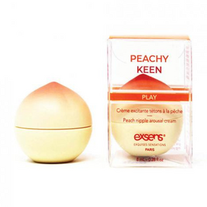 Exsens of Paris Peachy Keen nipple cream. Left side photo is a small peach container, with the packaged container on the right. "Peachy Keen" is on a clear small box with the peach container of nipple cream inside.