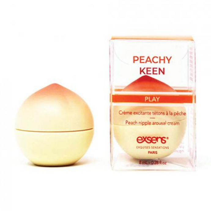 Exsens of Paris Peachy Keen nipple cream. Left side photo is a small peach container, with the packaged container on the right. 