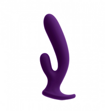 deep purple silicone VeDO Wild Duo Rabbit-Style Vibrator with external stimulation arm and long base handle