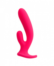hot pink silicone VeDO Wild Duo Rabbit-Style Vibrator with external stimulation arm and long base handle