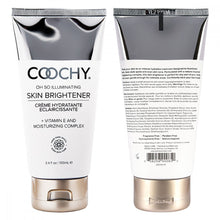 3.4oz bottle of Oh So Illuminating Skin Brightener with Vitamin E by Coochy Cream. Front side of bottle on the left, and back side of bottle on the right. Bottle on the right shows ingredients