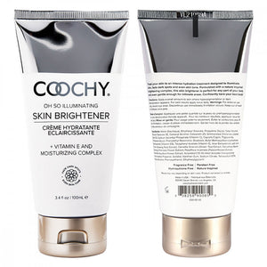 3.4oz bottle of Oh So Illuminating Skin Brightener with Vitamin E by Coochy Cream. Front side of bottle on the left, and back side of bottle on the right. Bottle on the right shows ingredients