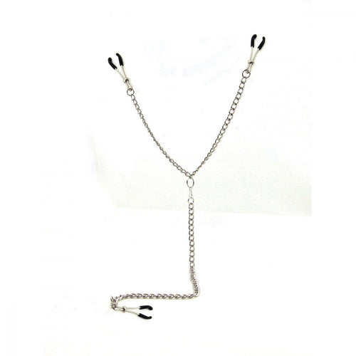 silver y-shaped chain with mini claps on three ends, with black rubber tips, and an o-ring in the center connecting the silver chains.